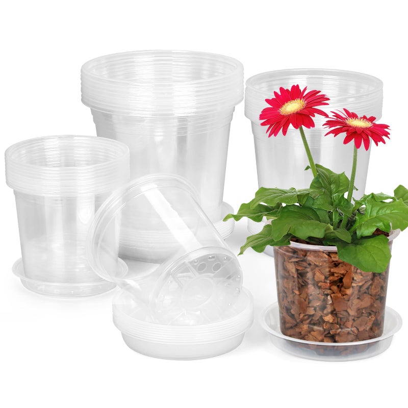 HQAUT 24 Pack 7/6/5 Inch Clear Nursery Pots with Drainage and Saucers  Durable Clear Plant Pots  Plastic Nursery Pots for Plants  Seed Starting Pots(5+6+7 inch) - Image 1